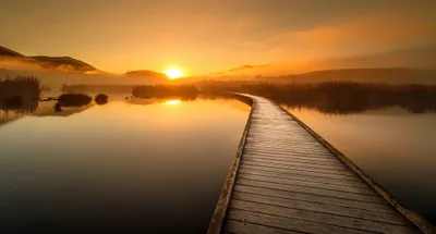 Misty Serene Wallpaper Nature Wallpaper 4K 2048x1100 A, Serene, Sunset, Over, Calm, Lake, With, Man-made, Boardwalk, Extending, Into, Water, Orange, Purple, Ultrawide, Full HD