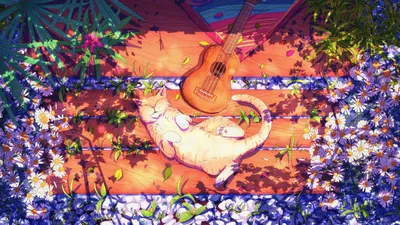Golden Sleeping Wallpaper Animals Wallpaper 4K 2800x1575 Hd, Desktop, Wallpaper:, Featuring, A, Sleeping, Cat, By, Guitar, Lush, Flower-filled, Fantasy, Orange, Purple, Ultrawide, QHD