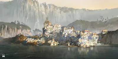 Radiant Fantasy Wallpaper World Wallpaper 4K 3000x1500 Fantasy, Cityscape, Nestled, Against, Towering, Cliffs, By, The, Water, Rendered, Detailed, Striking, Gray, White, Ultrawide, QHD