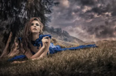 Dreamy Brunette Wallpaper Nature Wallpaper 4K 2048x1347 A, Brunette, Woman, Model, In, Blue, Dress, Lying, Down, Grass, Set, Against, Gray, Ultrawide, Full HD
