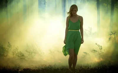 Woman Green Dress Nature Wallpaper 4K 1920x1200 A, Woman, In, Green, Dress, Walks, Through, Misty, Forest, Exuding, Contemplative, Mood, White, Ultrawide, Full HD