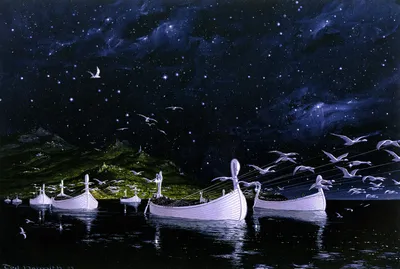 Fantasy Depicting Ethereal Boats Space Wallpaper 4K 1600x1074 Hd, Fantasy, Desktop, Wallpaper, Depicting, Ethereal, Boats, Sailing, Under, Starry, Night, Sky, White, Gray, Landscape