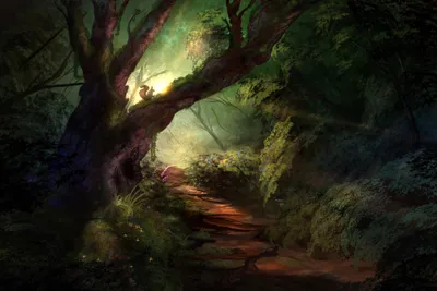 Fantasy Forest Sunbeam Nature Wallpaper 4K 2400x1600 A, Fantasy, Forest, Scene, With, Sunbeam, Illuminating, Squirrel, Perched, Tree, Branch, Above, Gray, Landscape, Full HD