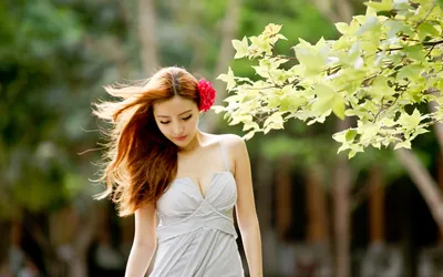 Asian Woman Long Hair Nature Wallpaper 4K 1920x1200 Hd, Desktop, Wallpaper, Featuring, An, Asian, Woman, With, Long, Hair, Red, Flower, Gray, White, Ultrawide, Full HD