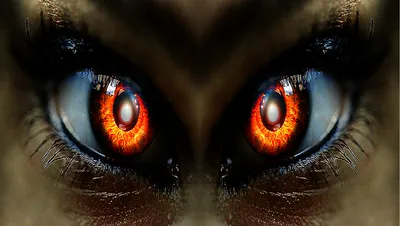 Dreamy Close Wallpaper Black/Dark Wallpaper 4K 1912x1080 A, Close-up, View, Of, Dark, Menacing, Eyes, Featuring, Vibrant, Orange, Fiery, Details, Red, Brown, Ultrawide