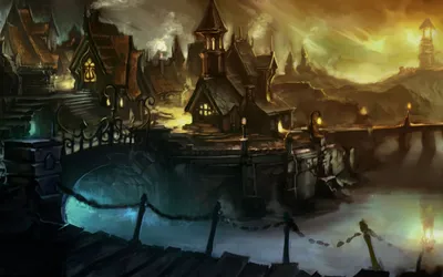 Dark Fantasy Wallpaper World Wallpaper 4K 1920x1200 Hd, Fantasy, Cityscape, With, Medieval-style, Buildings, Glowing, Lights, Misty, Atmosphere, Captured, Detailed, Brown, Gray, Ultrawide, Full HD