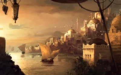 Dreamy Fantasy Wallpaper World Wallpaper 4K 1920x1200 Hd, Fantasy, Cityscape, At, Sunset, With, Domed, Buildings, Sailboats, Calm, Water, Creating, Brown, Gray, Ultrawide, Full HD