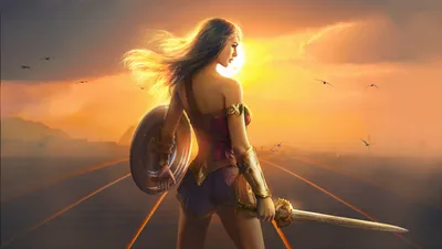 Bright Wonder Wallpaper Nature Wallpaper 4K 1920x1080 Hd, Desktop, Wallpaper, Showing, Wonder, Woman, Standing, With, Sword, Shield, Sunset, Set, Purple, Orange, Ultrawide, Full HD