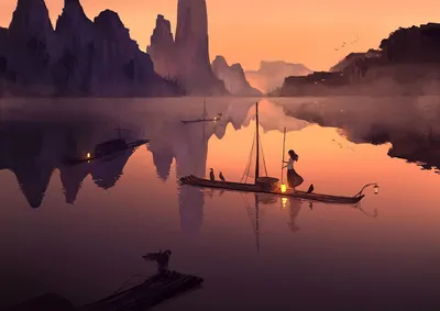 Anime Tranquil Lake Towering Nature Wallpaper 4K 1920x1359 Anime-style, Hd, Wallpaper, Featuring, A, Tranquil, Lake, And, Towering, Mountains, Serene, Boats, Purple, Orange, Landscape, Full HD