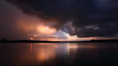 Serene Lake Reflects Moody Sky Nature Wallpaper 4K 3840x2160 A, Serene, Lake, Reflects, Moody, Sky, Filled, Dark, Clouds, Hints, Sunset, Colors, Brown, Gray, Ultrawide, 4k