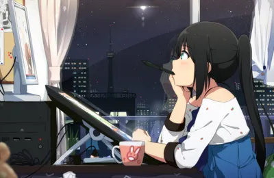 Dark Anime Wallpaper Black/Dark Wallpaper 4K 1417x920 An, Anime, Girl, With, Long, Black, Hair, In, Ponytail, Works, Computer, Her, White, Ultrawide