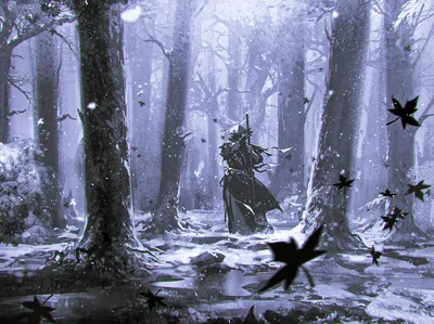 Misty Fantasy Wallpaper Nature Wallpaper 4K 1920x1437 Hd, Fantasy, Samurai, Standing, In, A, Misty, Snow-covered, Forest, Surrounded, Falling, Leaves, Gray, Landscape, Full HD