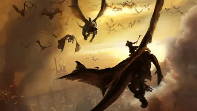 Fantasy Warrior Mounts Dragon Mid Fantasy Wallpaper 4K 1920x1080 Fantasy, Warrior, Mounts, A, Dragon, In, Mid-battle, Against, Other, Dragons, Dramatic, Golden-hued, Brown, Orange, Ultrawide, Full HD