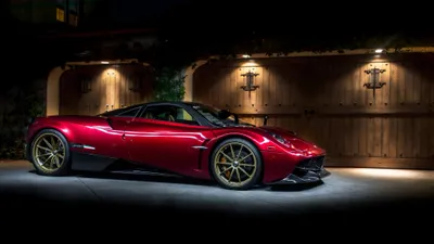 Bold Red Wallpaper Cars Wallpaper 4K 3840x2160 A, Striking, Red, Pagani, Huayra, Supercar, Parked, In, Front, Wooden, Gate, Showcased, Gray, Brown, Ultrawide, 4k