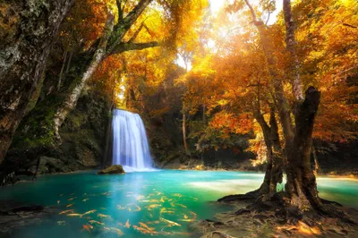 Radiant Tranquil Wallpaper Nature Wallpaper 4K 2048x1365 A, Tranquil, Tropical, Scene, At, Erawan, Waterfall, In, Thailand, Featuring, Turquoise, Pond, White, Orange, Brown, Ultrawide, Full HD