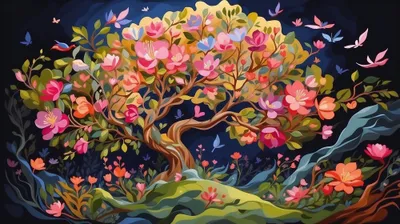 Dreamy Colorful Wallpaper Nature Wallpaper 4K 2000x1120 Colorful, Flowering, Tree, Amid, Lush, Plant, And, Nature, Motifs, Stylized, Branches, Falling, Brown, Gray, Pink, Ultrawide, Full HD