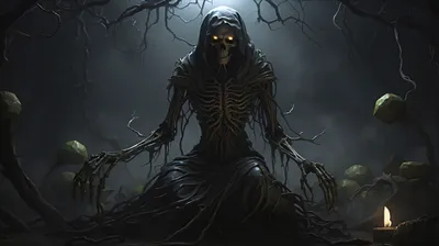 Dark Dark Wallpaper Black/Dark Wallpaper 4K 2000x1120 A, Dark, Scary, Entity, Resembling, Skeletal, Monster, Crouches, Shadowy, Forest, Glowing, Eyes, Gray, White, Ultrawide, Full HD