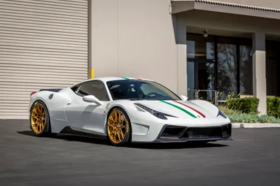 Bold White Wallpaper Cars Wallpaper 4K 4096x2731 White, Ferrari, 458, Supercar, With, Italian, Flag, Stripes, Gold, Rims, Parked, Front, Gray, Landscape, 4k