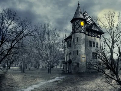 Bright Dark Wallpaper Nature Wallpaper 4K 4850x3638 A, Dark, Gothic, Castle-like, House, Stands, Amidst, Barren, Trees, Under, Gloomy, Sky, Gray, Landscape, 4k
