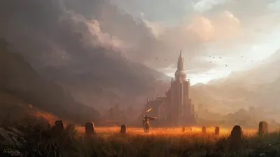Majestic Fantasy Landscape Fantasy Wallpaper 4K 1920x1080 A, Majestic, Fantasy, Landscape, Featuring, Towering, Castle, Under, Dramatic, Sky, Set, Against, Gray, Ultrawide, Full HD