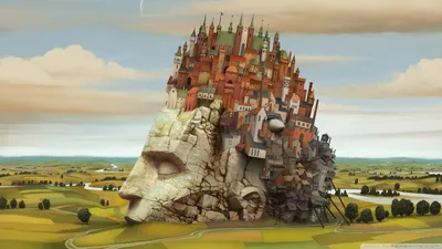 Fantasy Cityscape Built Atop Giant World Wallpaper 4K 1920x1080 Fantasy, Cityscape, Built, Atop, A, Giant, Stone, Head, Surrounded, Fields, Depicted, Detailed, Gray, Ultrawide, Full HD