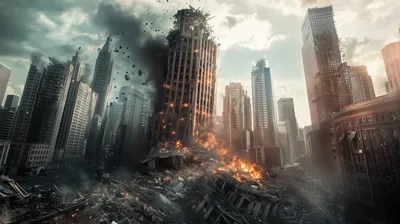 Post Apocalyptic Cityscape World Wallpaper 4K 2912x1632 A, Post-apocalyptic, Cityscape, Shows, Towering, Skyscrapers, In, Ruins, Engulfed, Flames, Debris, Capturing, White, Ultrawide, QHD