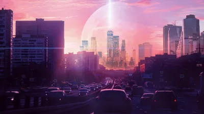 Vibrant Sci Cityscape Sunset World Wallpaper 4K 3840x2160 A, Vibrant, 4k, Ultra, Hd, Sci-fi, Cityscape, At, Sunset, Futuristic, Cars, Driving, White, Pink, Ultrawide