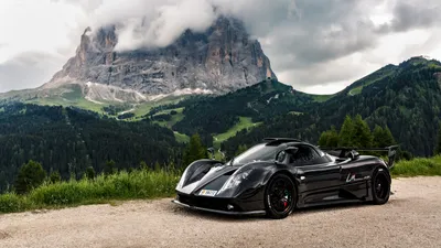 Sleek Black Pagani Zonda Nature Wallpaper 4K 5552x3123 A, Sleek, Black, Pagani, Zonda, Supercar, Parked, On, Mountain, Road, Set, Against, Gray, White, Ultrawide, 4k