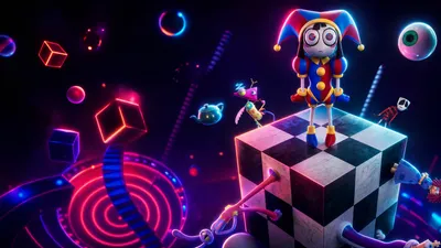 Amazing Digital Circus Neon Jester Abstract Wallpaper 4K 3840x2160 4k, Ultra, Hd, Pc, Desktop, Wallpaper, Of, The, Amazing, Digital, Circus, Neon, Gray, Red, Brown, Ultrawide
