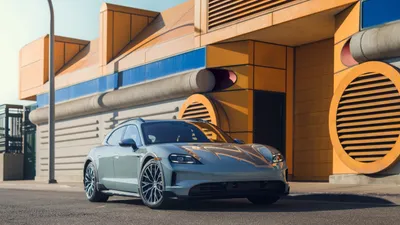 Serene Sleek Wallpaper Cars Wallpaper 4K 5120x2880 A, Sleek, Porsche, Taycan, 4s, Cross, Turismo, Parked, Front, Vibrant, Modern, Building, White, Gray, Ultrawide, 4k
