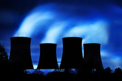 Silhouetted Nuclear Power Plant Cooling Black/Dark Wallpaper 4K 2048x1365 Silhouetted, Nuclear, Power, Plant, Cooling, Towers, Release, Smoke, Against, Vivid, Blue, Night, White, Ultrawide, Full HD