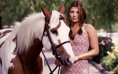 Sleek Woman Wallpaper Animals Wallpaper 4K 1920x1200 A, Woman, Stands, Beside, Brown, And, White, Horse, Wearing, Patterned, Dress, Desktop, Ultrawide, Full HD