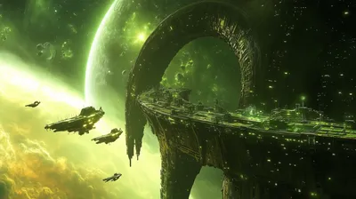 Moody Sci Wallpaper Space Wallpaper 4K 2912x1632 Hd, Sci‑fi, Desktop, Wallpaper, Featuring, A, Green-hued, Space, Station, Orbiting, Planet, Surrounded, White, Brown, Ultrawide, QHD