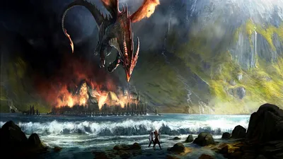 Dramatic Fantasy Majestic Dragon Hovering Fantasy Wallpaper 4K 1920x1080 A, Dramatic, Fantasy, Scene, Features, Majestic, Dragon, Hovering, Over, Burning, Castle, Waves, White, Gray, Ultrawide, Full HD