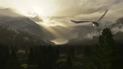 Fantasy Landscape Soaring Eagle Nature Wallpaper 4K 2560x1440 A, Stunning, Fantasy, Landscape, Featuring, Soaring, Eagle, Over, Majestic, Mountains, Illuminated, Soft, White, Ultrawide, QHD