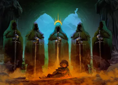 Serene Hobbit Wallpaper Fantasy Wallpaper 4K 2705x1949 Hd, Desktop, Wallpaper, Featuring, A, Hobbit, Confronting, Five, Nazg, Wielding, Swords, Fantasy, Yellow, Orange, Landscape, QHD