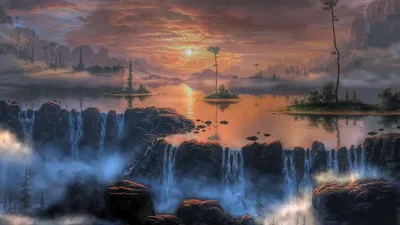 Misty Fantasy Wallpaper Nature Wallpaper 4K 1920x1080 Hd, Fantasy, Landscape, Wallpaper, Depicting, A, Surreal, Sunset, Over, Floating, Islands, Waterfalls, Brown, Gray, Ultrawide, Full HD