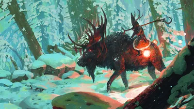 Dark Fantasy Wallpaper Nature Wallpaper 4K 1920x1080 A, Fantasy, Warrior, Rides, Large, Deer, Through, Snowy, Winter, Forest, Glowing, Orbs, Gray, Ultrawide, Full HD