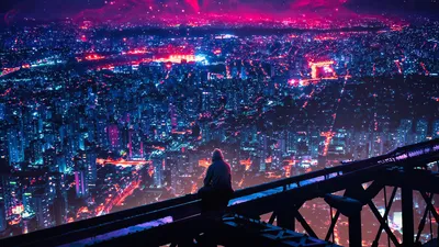 Solitary Man Perched Rooftop World Wallpaper 4K 1920x1080 Hd, Pc, Desktop, Wallpaper, Solitary, Man, Perched, On, Rooftop, Beam, Overlooking, Neon-drenched, Brown, Ultrawide, Full HD