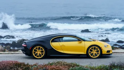 Bright Sleek Wallpaper Cars Wallpaper 4K 3840x2160 A, Sleek, Bugatti, Chiron, Supercar, In, Black, And, Yellow, Parked, Ocean, Captured, Gray, Ultrawide, 4k