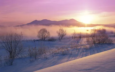 Moody Serene Wallpaper Nature Wallpaper 4K 1920x1200 A, Serene, Winter, Sunrise, Illuminates, Fog-covered, Mountains, Casting, Soft, Pink, Sunbeams, Over, White, Ultrawide, Full HD