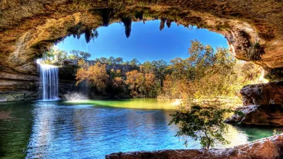 Breathtaking Waterfall Cascading Nature Wallpaper 4K 1920x1080 A, Breathtaking, Waterfall, Cascading, Into, Serene, Lake, Surrounded, Vibrant, Trees, Under, Clear, Green, Pink, Ultrawide, Full HD