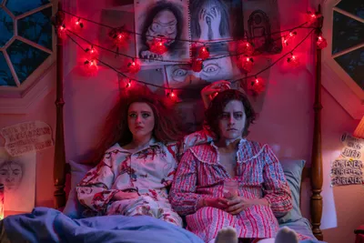 Lisa Frankenstein Two Characters Fantasy Wallpaper 4K 4500x3000 A, Scene, From, Lisa, Frankenstein, Featuring, Two, Characters, Pajamas, Sitting, Brown, Landscape, 4k