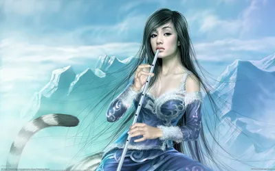 Woman Flowing Blue Fantasy Wallpaper 4K 2560x1600 A, Woman, In, Flowing, Blue, Gown, Plays, Flute, Against, Serene, Fantasy, Backdrop, Gray, Pink, Ultrawide, QHD