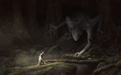 Warrior Sword Confronts Towering Black/Dark Wallpaper 4K 4000x2500 A, Warrior, With, Sword, Confronts, Towering, Dark, Creature, Dense, Forest, Creating, Intense, Brown, Gray, Ultrawide, 4k