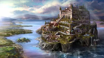Fantasy Cityscape Depicting World Wallpaper 4K 1920x1080 Hd, Fantasy, Cityscape, Wallpaper, Depicting, A, Sprawling, Ancient, City, Built, Rocky, Island, White, Pink, Ultrawide, Full HD