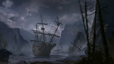 Fantasy Themed Ghostly Ship Anchored Fantasy Wallpaper 4K 1920x1080 Fantasy-themed, Hd, Desktop, Wallpaper, Featuring, A, Ghostly, Ship, Anchored, Dark, Misty, Bay, Gray, Ultrawide, Full HD