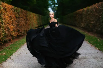 Bold Blonde Wallpaper Black/Dark Wallpaper 4K 2400x1600 Blonde, Model, In, A, Flowing, Black, Dress, Twirls, Tree-lined, Path, Shallow, Depth, Gray, Landscape, Full HD