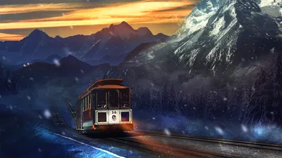 Tram Traveling Along Tracks Snow Nature Wallpaper 4K 2560x1440 Hd, Desktop, Wallpaper, Featuring, A, Tram, Traveling, Along, Tracks, Snow-covered, Mountains, Dramatic, White, Pink, Ultrawide, QHD