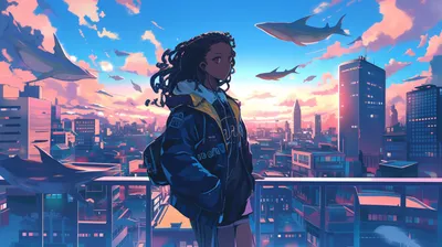 Anime Black Girl Cityscape Flying World Wallpaper 4K 2912x1632 Hd, Anime, Wallpaper, Featuring, A, Black, Girl, Stunning, Cityscape, Flying, Whales, Sunset, Yellow, White, Pink, Ultrawide, QHD
